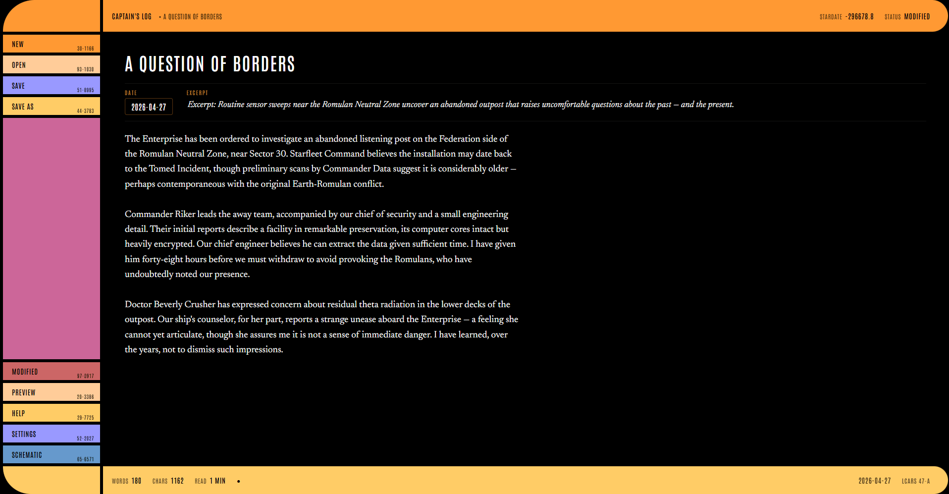 Captain's Log empty-editor view: orange LCARS top bar, left rail of file action buttons, and placeholder body text reading 'Captain's log, supplemental…'
