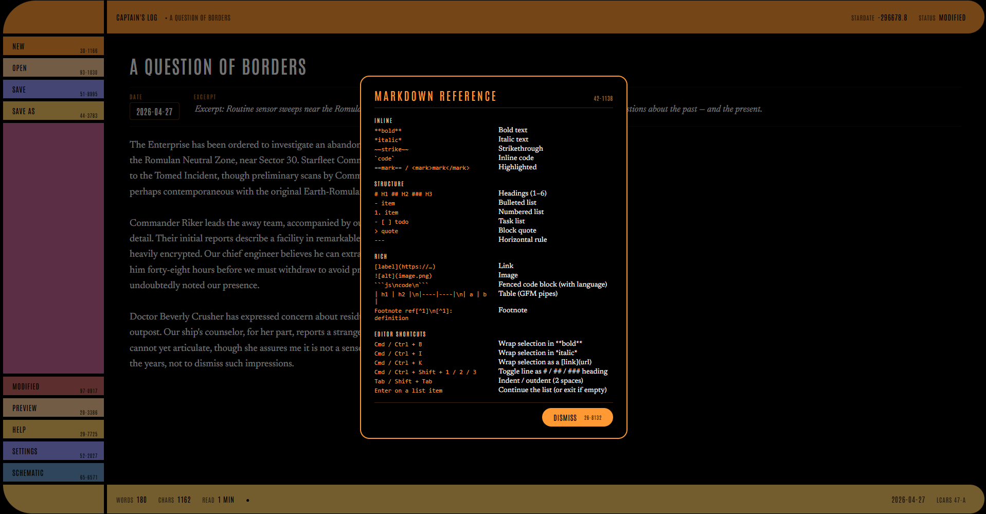 Help modal listing keyboard shortcuts and usage tips, styled in LCARS.