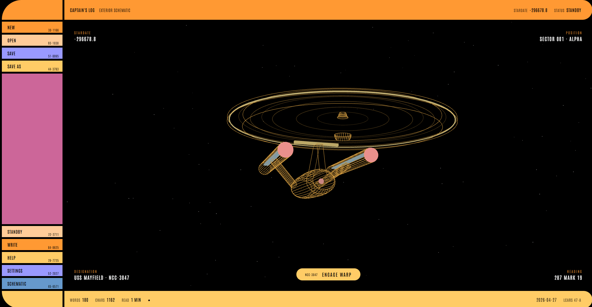Animated 3D ship schematic page with a working warp drive control.